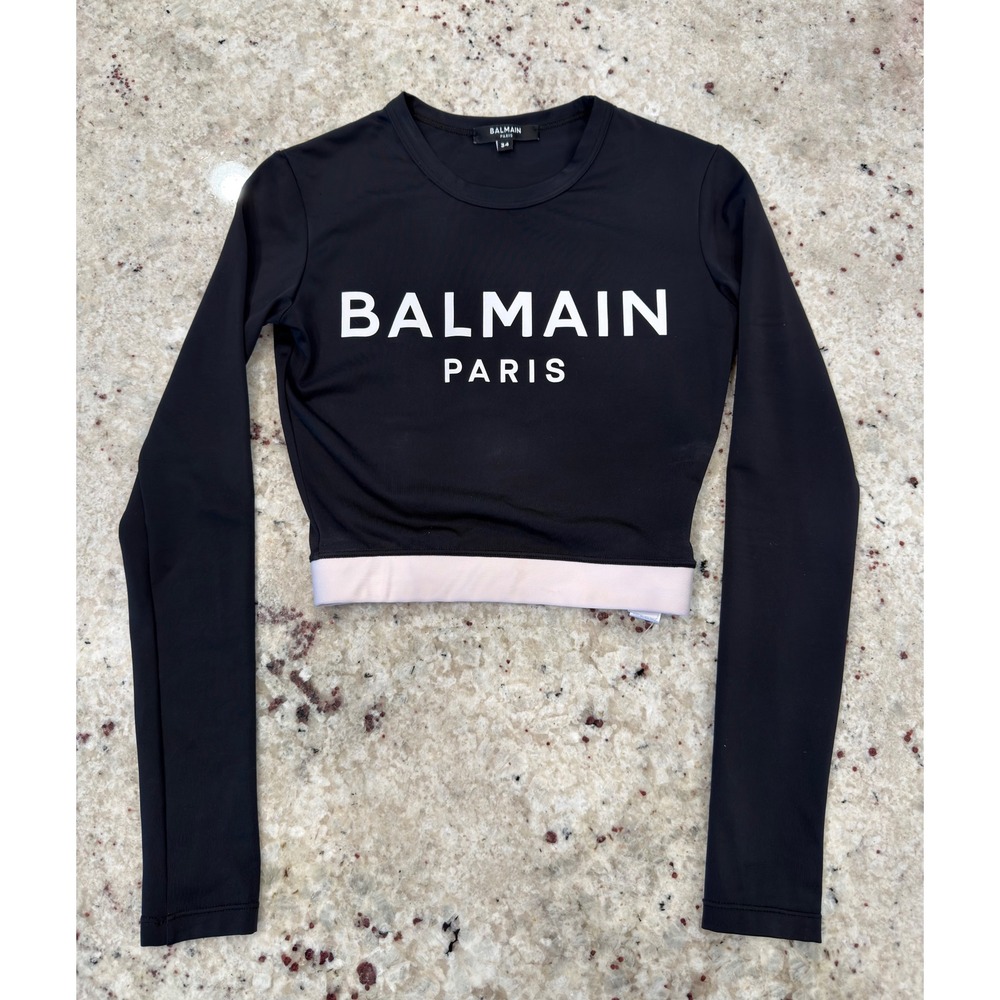 Balmain Paris Cropped Logo Long Sleeve Top Black Size 34 XS
